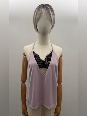 Missguided Satin Halter Top Women’s XS Pink Open Back Deep V Lace